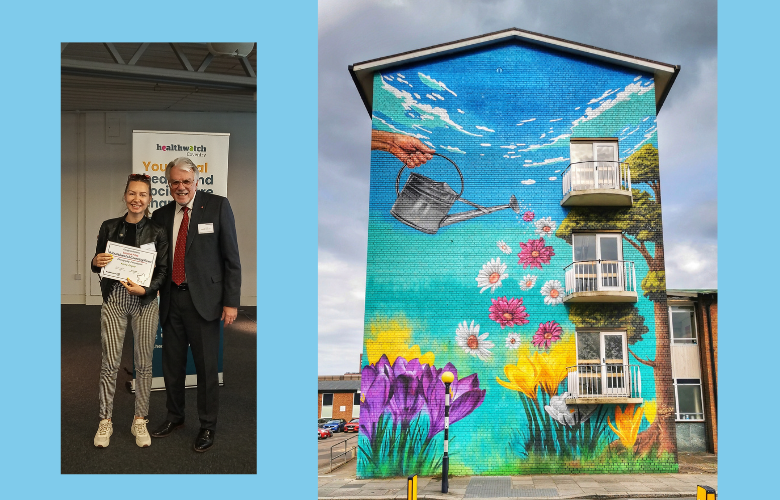 Amina Grigore receiving her certificate from Stuart Linnell and her photo of a floral mural on a building.