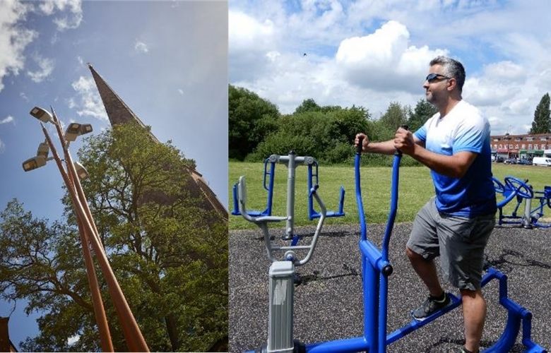 Picture of man on outdoor cross trainer in park and tree and lamp post in Coventry BullYard