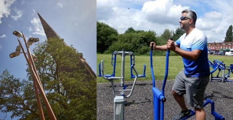 Picture of man on outdoor cross trainer in park and tree and lamp post in Coventry BullYard