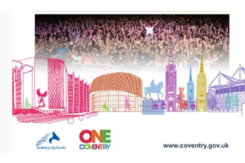 A colourful image of Coventry's key buildings,including the new cathedral, the wave, and the three spires.