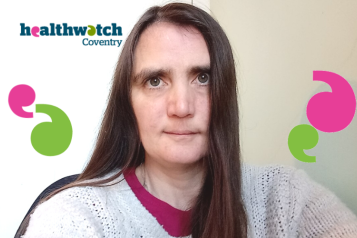 Head and shoulder picture of Alison with Healthwatch logo and pink and green speech marks