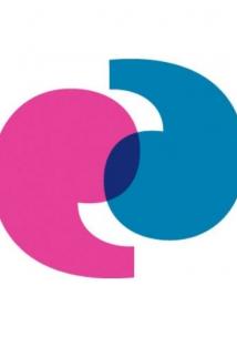 Pink and blue speech mark icon